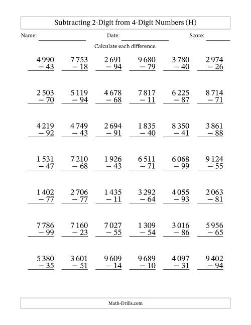 The Subtracting 2-Digit from 4-Digit Numbers With Some Regrouping (42 Questions) (Space Separated Thousands) (H) Math Worksheet