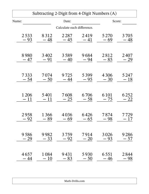 The Subtracting 2-Digit from 4-Digit Numbers With Some Regrouping (42 Questions) (Space Separated Thousands) (All) Math Worksheet
