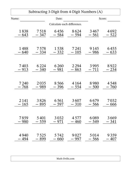 The Subtracting 3-Digit from 4-Digit Numbers With Some Regrouping (42 Questions) (Space Separated Thousands) (A) Math Worksheet