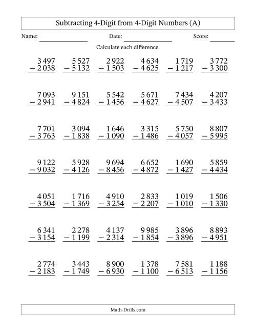 The Subtracting 4-Digit from 4-Digit Numbers With Some Regrouping (42 Questions) (Space Separated Thousands) (A) Math Worksheet