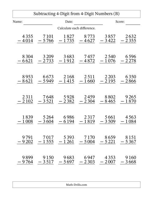 The Subtracting 4-Digit from 4-Digit Numbers With Some Regrouping (42 Questions) (Space Separated Thousands) (B) Math Worksheet