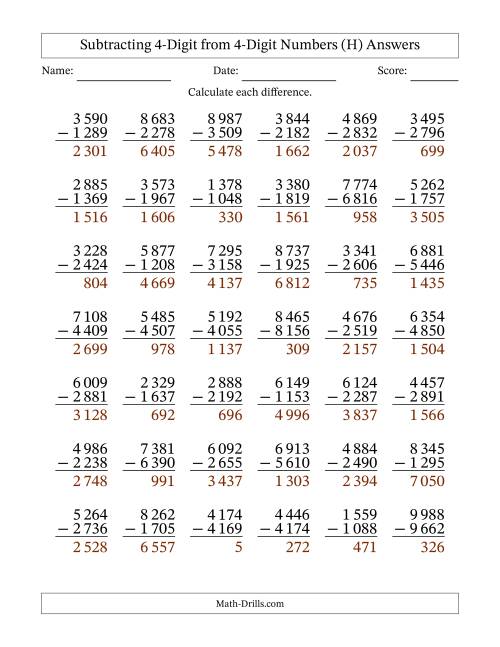 The Subtracting 4-Digit from 4-Digit Numbers With Some Regrouping (42 Questions) (Space Separated Thousands) (H) Math Worksheet Page 2