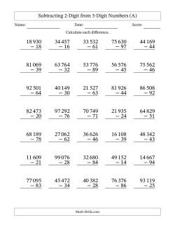 Subtracting 2-Digit from 5-Digit Numbers With Some Regrouping (35 Questions) (Space Separated Thousands)