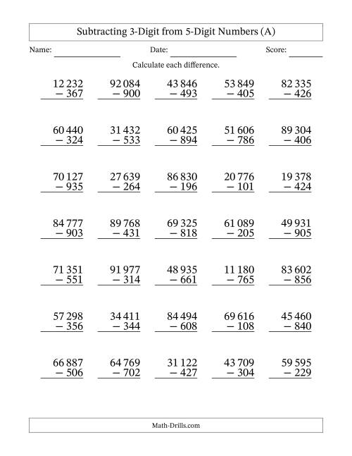 The Subtracting 3-Digit from 5-Digit Numbers With Some Regrouping (35 Questions) (Space Separated Thousands) (A) Math Worksheet