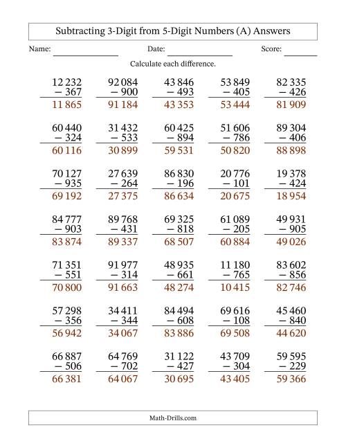 The Subtracting 3-Digit from 5-Digit Numbers With Some Regrouping (35 Questions) (Space Separated Thousands) (A) Math Worksheet Page 2