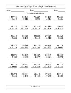 Subtracting 4-Digit from 5-Digit Numbers With Some Regrouping (35 Questions) (Space Separated Thousands)