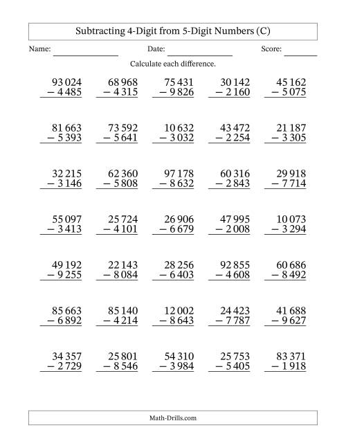 The Subtracting 4-Digit from 5-Digit Numbers With Some Regrouping (35 Questions) (Space Separated Thousands) (C) Math Worksheet