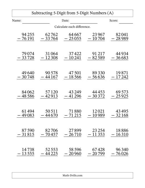 The Subtracting 5-Digit from 5-Digit Numbers With Some Regrouping (35 Questions) (Space Separated Thousands) (A) Math Worksheet