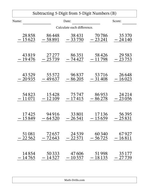 The Subtracting 5-Digit from 5-Digit Numbers With Some Regrouping (35 Questions) (Space Separated Thousands) (B) Math Worksheet