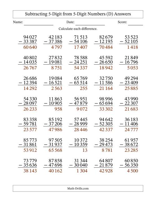 The Subtracting 5-Digit from 5-Digit Numbers With Some Regrouping (35 Questions) (Space Separated Thousands) (D) Math Worksheet Page 2