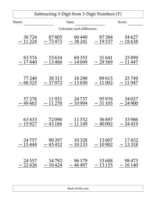 The Subtracting 5-Digit from 5-Digit Numbers With Some Regrouping (35 Questions) (Space Separated Thousands) (F) Math Worksheet