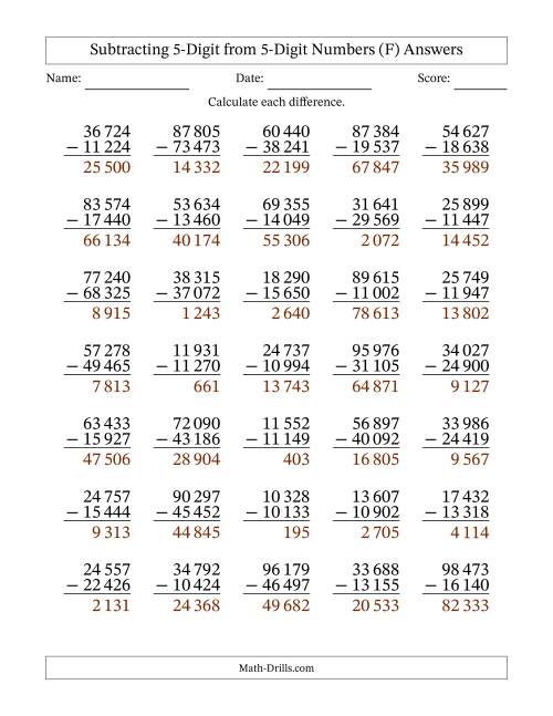 The Subtracting 5-Digit from 5-Digit Numbers With Some Regrouping (35 Questions) (Space Separated Thousands) (F) Math Worksheet Page 2