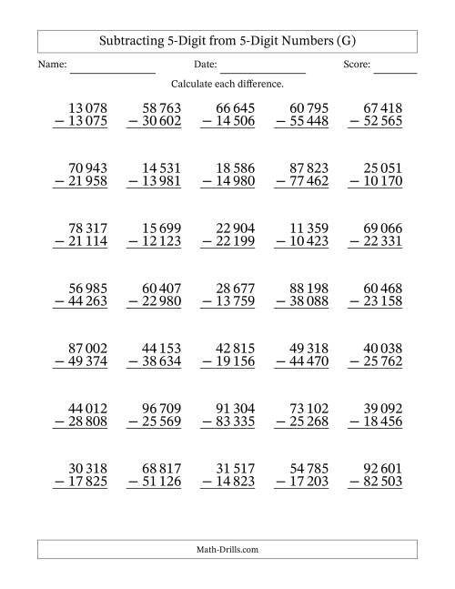 The Subtracting 5-Digit from 5-Digit Numbers With Some Regrouping (35 Questions) (Space Separated Thousands) (G) Math Worksheet