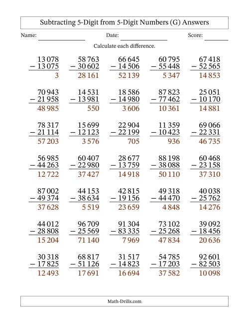 The Subtracting 5-Digit from 5-Digit Numbers With Some Regrouping (35 Questions) (Space Separated Thousands) (G) Math Worksheet Page 2