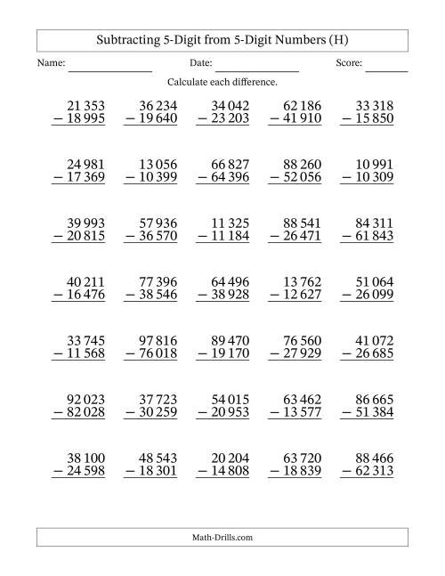 The Subtracting 5-Digit from 5-Digit Numbers With Some Regrouping (35 Questions) (Space Separated Thousands) (H) Math Worksheet