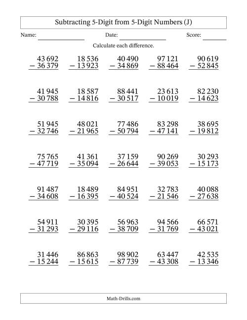 The Subtracting 5-Digit from 5-Digit Numbers With Some Regrouping (35 Questions) (Space Separated Thousands) (J) Math Worksheet