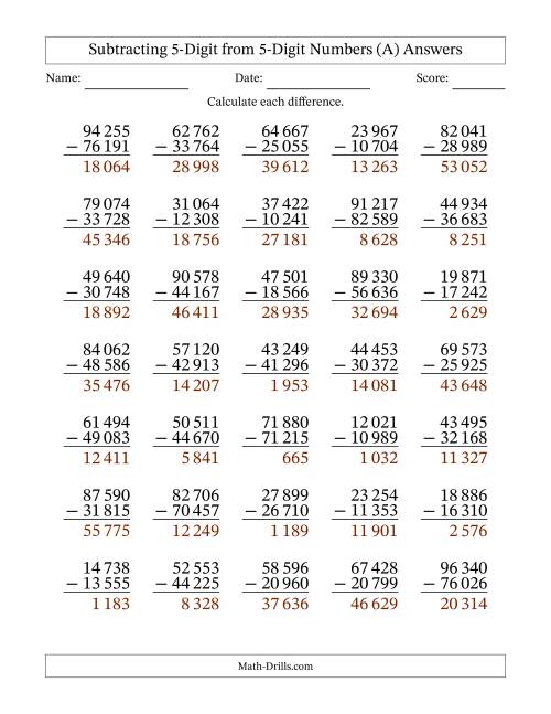The Subtracting 5-Digit from 5-Digit Numbers With Some Regrouping (35 Questions) (Space Separated Thousands) (All) Math Worksheet Page 2