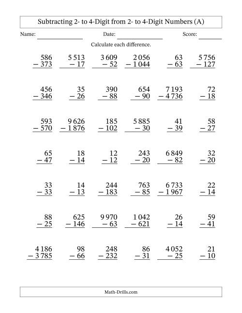 The Subtracting 2- to 4-Digit from 2- to 4-Digit Numbers With Some Regrouping (42 Questions) (Space Separated Thousands) (A) Math Worksheet