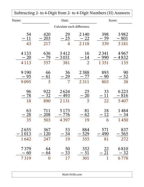 Subtracting Various Multi-Digit Numbers from 2- to 4-Digits with Space