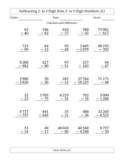 Subtracting 2- to 5-Digit from 2- to 5-Digit Numbers With Some Regrouping (35 Questions) (Space Separated Thousands)