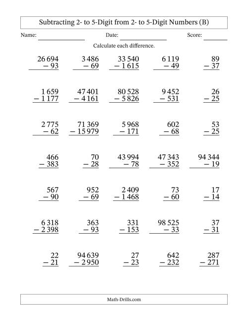 The Subtracting 2- to 5-Digit from 2- to 5-Digit Numbers With Some Regrouping (35 Questions) (Space Separated Thousands) (B) Math Worksheet