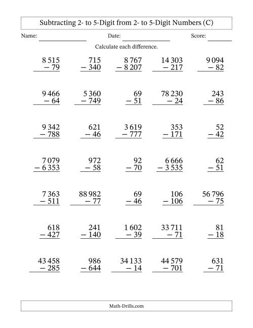 The Subtracting 2- to 5-Digit from 2- to 5-Digit Numbers With Some Regrouping (35 Questions) (Space Separated Thousands) (C) Math Worksheet