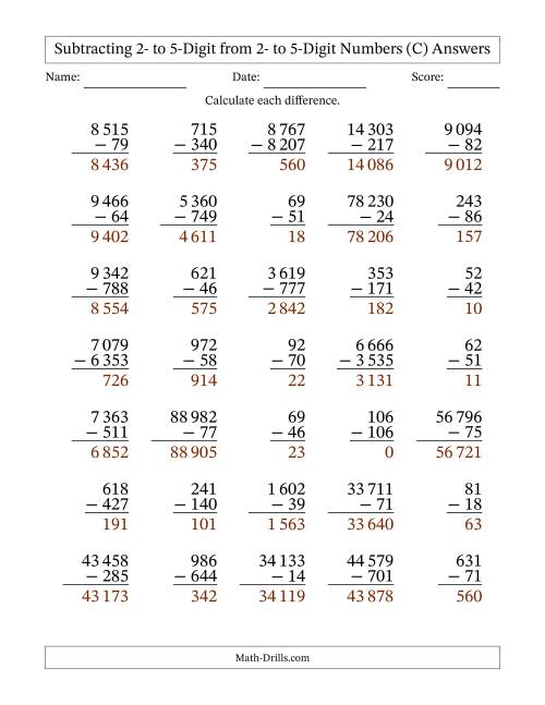 The Subtracting 2- to 5-Digit from 2- to 5-Digit Numbers With Some Regrouping (35 Questions) (Space Separated Thousands) (C) Math Worksheet Page 2