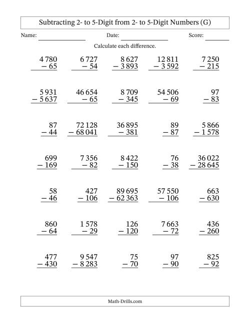 The Subtracting 2- to 5-Digit from 2- to 5-Digit Numbers With Some Regrouping (35 Questions) (Space Separated Thousands) (G) Math Worksheet