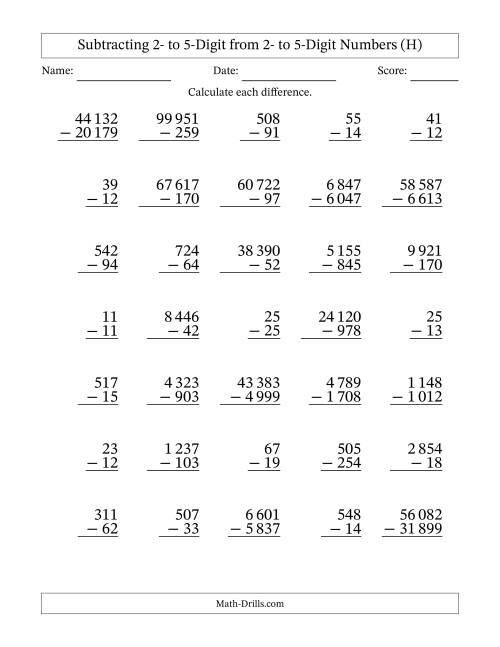 The Subtracting 2- to 5-Digit from 2- to 5-Digit Numbers With Some Regrouping (35 Questions) (Space Separated Thousands) (H) Math Worksheet