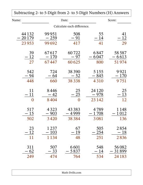 The Subtracting 2- to 5-Digit from 2- to 5-Digit Numbers With Some Regrouping (35 Questions) (Space Separated Thousands) (H) Math Worksheet Page 2