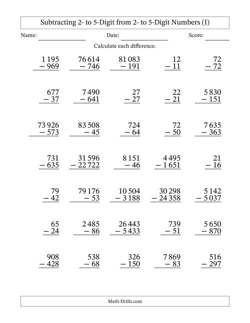 The Subtracting 2- to 5-Digit from 2- to 5-Digit Numbers With Some Regrouping (35 Questions) (Space Separated Thousands) (I) Math Worksheet