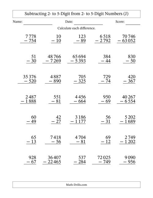 The Subtracting 2- to 5-Digit from 2- to 5-Digit Numbers With Some Regrouping (35 Questions) (Space Separated Thousands) (J) Math Worksheet