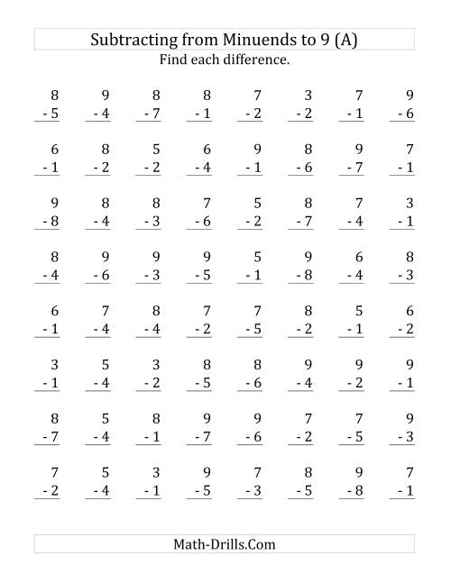 The 64 Subtraction Questions with Minuends up to 9 (A) Math Worksheet