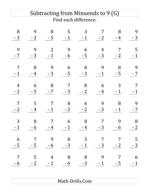 The 64 Subtraction Questions with Minuends up to 9 (G) Math Worksheet