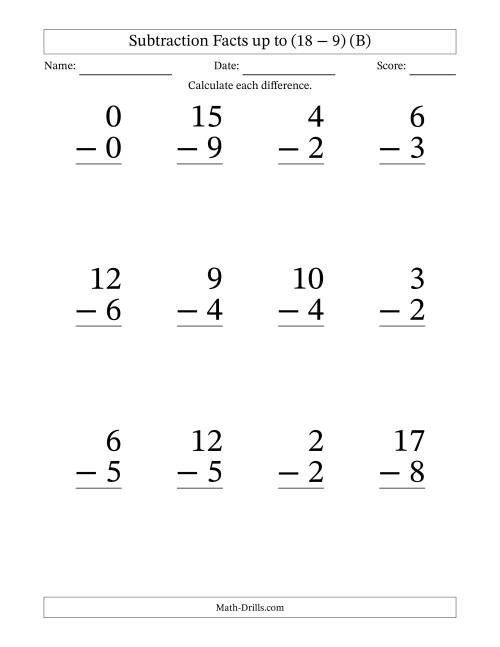 The 12 Vertical Subtraction Facts with Minuends from 0 to 18 (B) Math Worksheet