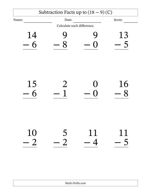 The 12 Vertical Subtraction Facts with Minuends from 0 to 18 (C) Math Worksheet
