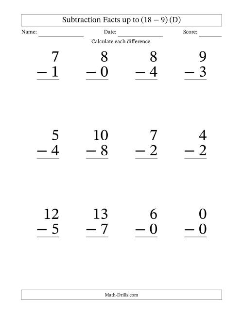 The 12 Vertical Subtraction Facts with Minuends from 0 to 18 (D) Math Worksheet