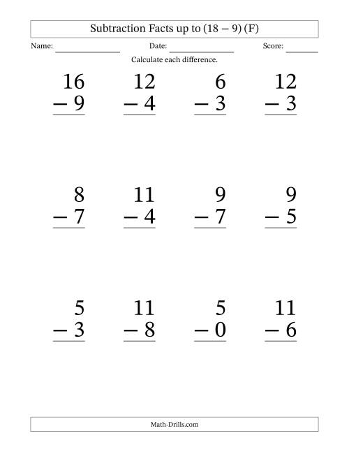 The 12 Vertical Subtraction Facts with Minuends from 0 to 18 (F) Math Worksheet