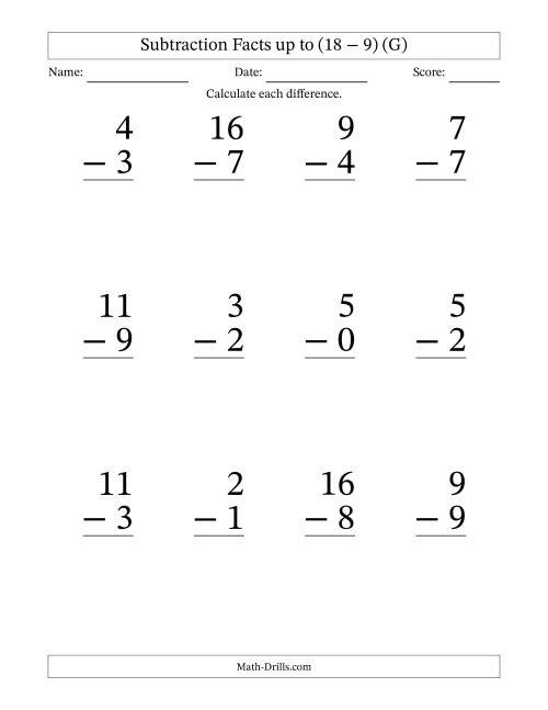 The 12 Vertical Subtraction Facts with Minuends from 0 to 18 (G) Math Worksheet