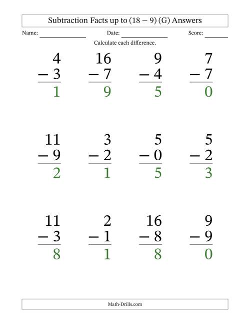 The 12 Vertical Subtraction Facts with Minuends from 0 to 18 (G) Math Worksheet Page 2
