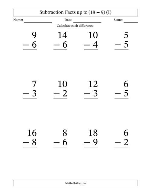 The 12 Vertical Subtraction Facts with Minuends from 0 to 18 (I) Math Worksheet