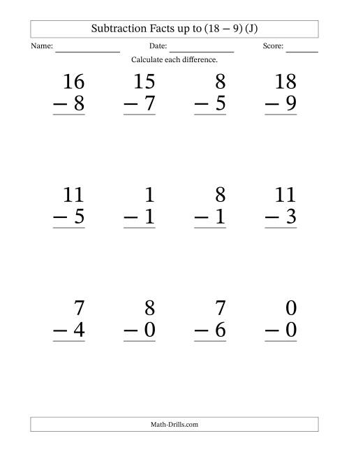 The 12 Vertical Subtraction Facts with Minuends from 0 to 18 (J) Math Worksheet