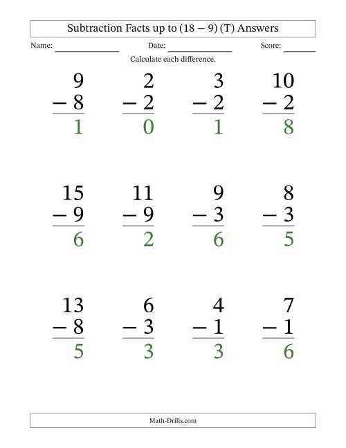 vertical subtraction facts to 18 large print t