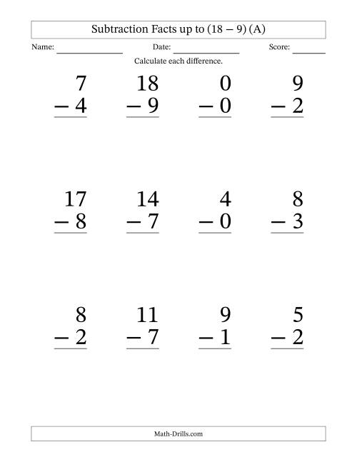 The 12 Vertical Subtraction Facts with Minuends from 0 to 18 (All) Math Worksheet