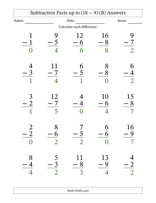 The 25 Vertical Subtraction Facts with Minuends from 0 to 18 (B) Math Worksheet Page 2