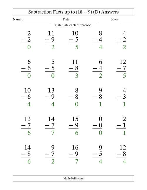 The 25 Vertical Subtraction Facts with Minuends from 0 to 18 (D) Math Worksheet Page 2