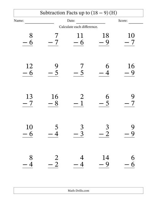 The 25 Vertical Subtraction Facts with Minuends from 0 to 18 (H) Math Worksheet