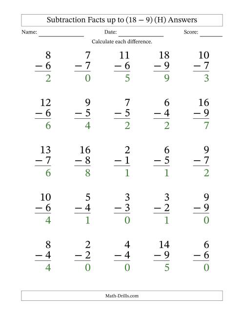 The 25 Vertical Subtraction Facts with Minuends from 0 to 18 (H) Math Worksheet Page 2