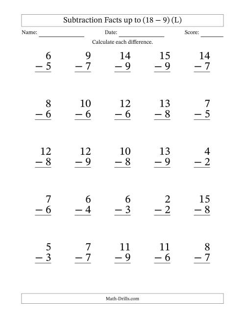 The Subtraction Facts from (0 − 0) to (18 − 9) – 25 Large Print Questions (L) Math Worksheet