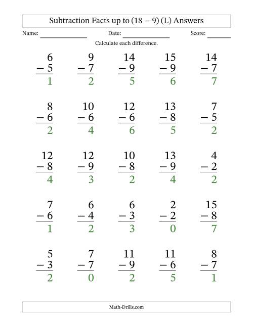 The Subtraction Facts from (0 − 0) to (18 − 9) – 25 Large Print Questions (L) Math Worksheet Page 2